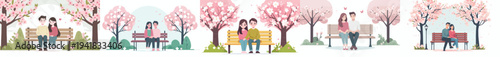 vector of a couple sitting together on a park bench with cherry blossoms in bloom in spring front view