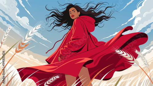 Beautiful Woman in Red Cape in Wheat Field Under Blue Sky with Clouds