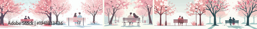 vector of a couple sitting together on a park bench with cherry blossoms in bloom in spring back view