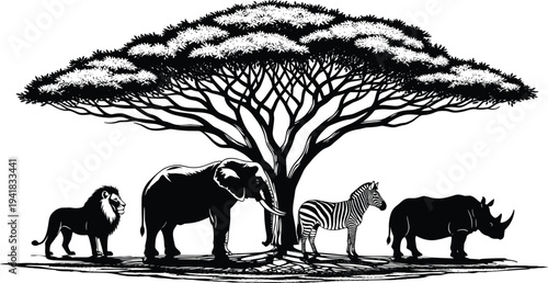 African savanna wildlife animals silhouette with acacia tree lion elephant zebra rhinoceros nature safari vector illustration scene
