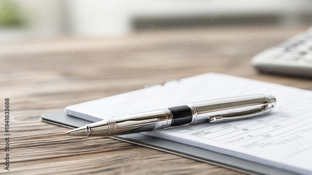 Fototapeta premium Calm Office Scene with Pen and Tax Form Under Gloomy Sky and Heavy Winds