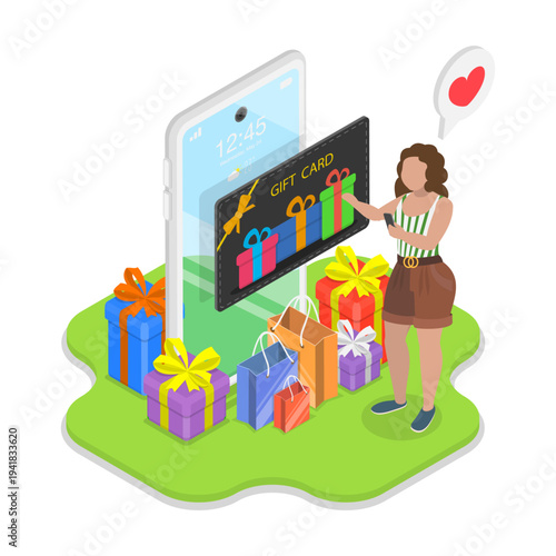3D Isometric Flat Vector Illustration of Digital Gift Voucher, Online Shopping and Global Delivery. Item 1