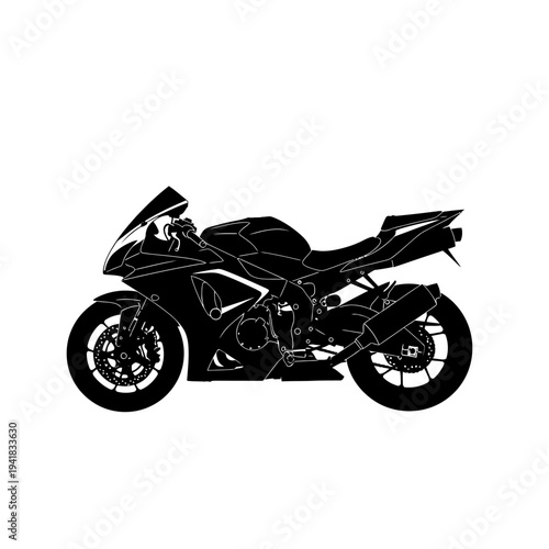 Sleek Black Motorcycle Silhouette on White Background.