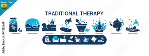 traditional therapy two color icons including herbal medicine, acupuncture therapy, cupping treatment, natural herbs, holistic healing, herbal tea therapy, and hot stone massage. vector illustration