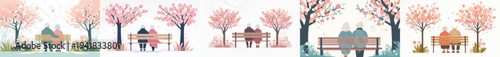 vector of a old couple sitting together on a park bench with cherry blossoms in bloom in spring back view