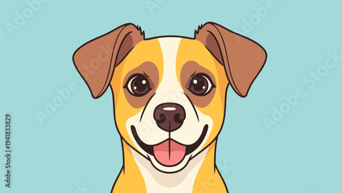 Close-up portrait illustration of a happy dog with a big smile, featuring its alert ears and expressive eyes against a serene blue background, perfect for pet-related designs