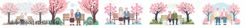 vector of a old couple sitting together on a park bench with cherry blossoms in bloom in spring front view