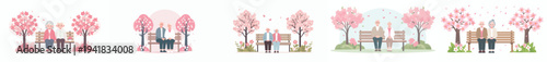 vector of a old couple sitting together on a park bench with cherry blossoms in bloom in spring front view