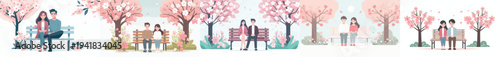 vector of a couple sitting together on a park bench with cherry blossoms in bloom in spring front view