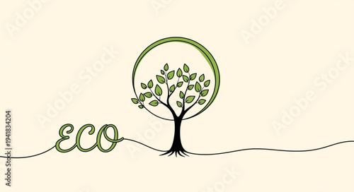 Eco Tree Illustration with Green Leaves and Roots.
