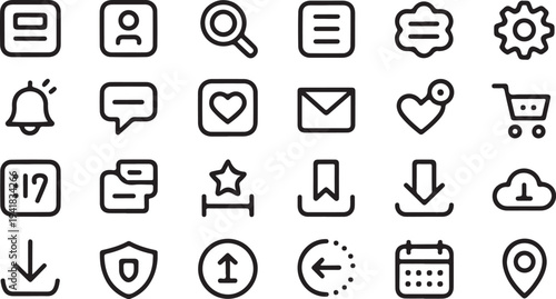 Set of black and white representing various actions and menu profile search