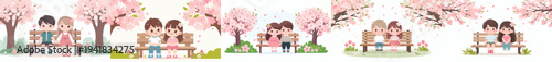 vector of children sitting together on a park bench with cherry blossoms in bloom in spring