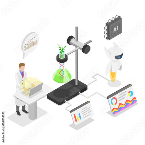 3D Isometric Flat Vector Illustration of Laboratory Exploration, Chemistry And Genetics Laboratory Research In Biotechnology Settings.. Item 3