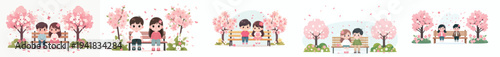 vector of children sitting together on a park bench with cherry blossoms in bloom in spring