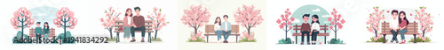 vector of a couple sitting together on a park bench with cherry blossoms in bloom in spring front view