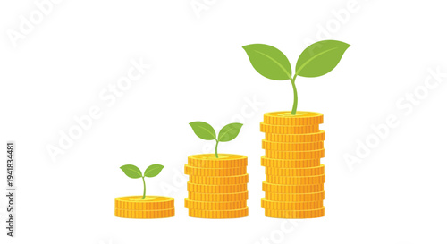 Growing wealth a plant sprouts from stacks of golden coins