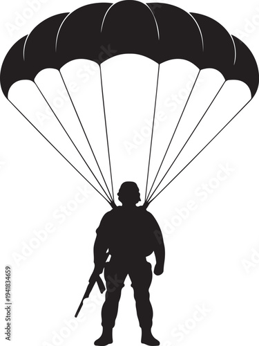 Silhouette of soldier descending with black parachute