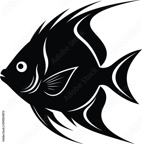 Angelfish Silhouette Swimming Isolated on White Background Detailed Fins Ocean Life