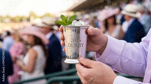 Mint julep cup with 2026 Derby logo being held at horse racing event  