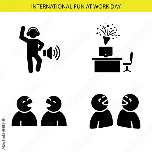 International Fun at Work Day black glyph icons set vector, depicting office celebration, dancing, and laughing colleagues for business and lifestyle designs