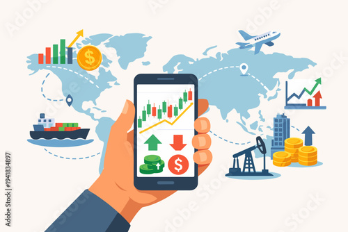 Hand holding a smartphone with a trading app showing candlestick charts and stock market data against a world map background with icons of global trade, shipping, oil, finance, and logistics.