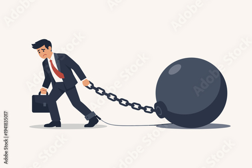 Sad businessman in a suit struggling to pull a massive heavy ball and chain representing financial debt, tax burden, and corporate stress, metaphorical vector illustration of work pressure.