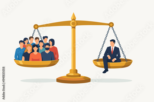 Conceptual Vector Illustration of a Single Businessman Outweighing a Large Crowd of People on a Golden Scale of Justice, Representing Social Inequality, Wealth Gap, Power Imbalance, and Elite Status