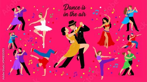 Vibrant Vector Illustration of Diverse Dancers in Various Styles including Tango, Ballet, Breakdance, and Salsa on a Pink Background - Dance is in the Air Concept