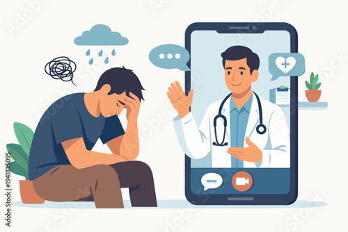 Online Therapy and Mental Health Support Concept with a Depressed Man Receiving Counseling from a Professional Doctor via Smartphone Video Call, Flat Vector Illustration for Healthcare Apps.