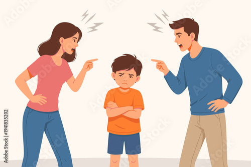 Vector illustration of a sad little boy standing between his angry parents who are shouting and pointing at him, depicting family conflict, domestic dispute, divorce, and emotional stress.