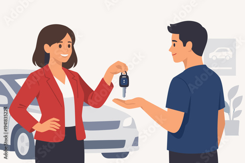 Professional saleswoman in a red blazer handing over car keys to a happy male customer at a dealership showroom with a vehicle in the background, flat vector illustration for automotive business.