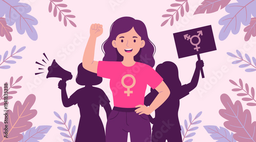 Empowered Woman Raising Fist at Feminism Protest with Activist Silhouettes, Gender Equality and Women Rights Movement Concept Illustration