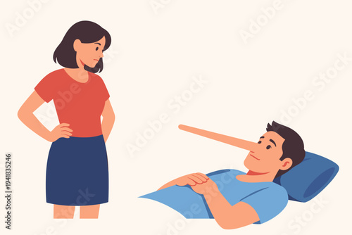 Flat Vector Illustration of a Woman Looking at a Man with a Long Nose Like Pinocchio, Representing Dishonesty, Deception, and Lying in a Relationship. Concept for Betrayal, Untruth, and Suspicion.