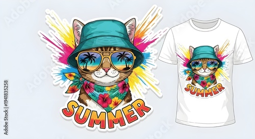 Cute Summer Cat Wearing Sunglasses T-Shirt Design Illustration