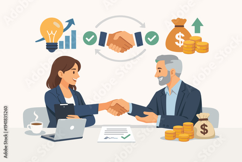 Young Businesswoman and Senior Investor Shaking Hands After Successful Negotiation for a Win-Win Deal, Startup Funding, Financial Investment, Partnership Agreement, Professional Flat Vector Design