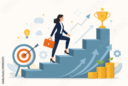 Ambitious businesswoman in a suit climbing a career ladder staircase towards a gold trophy. Concept of professional success, goal achievement, financial growth, and leadership development.