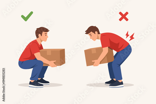 Vector illustration of a young man demonstrating correct and incorrect lifting techniques for a heavy box, showing safe squatting vs unsafe bending to prevent back pain and spinal injury.