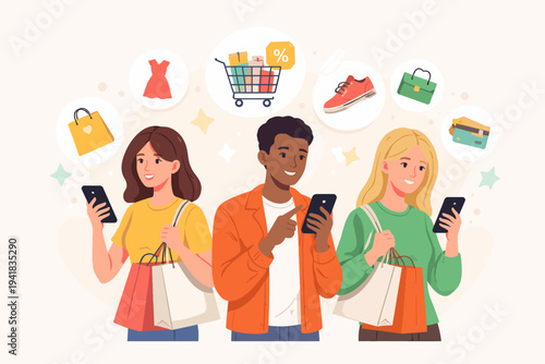 Diverse Group of People Using Mobile Phone Apps for Online Shopping and E-commerce with Shopping Bags and Retail Icons, Flat Vector Illustration of Digital Consumerism and Mobile Marketing