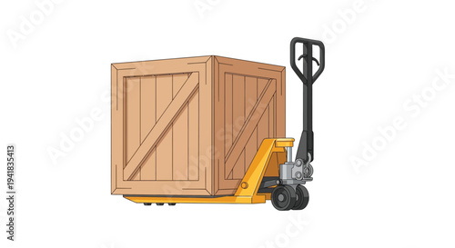 Wooden crate secured on a yellow pallet jack for moving goods