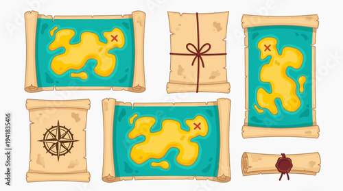 Vector Pirate Treasure Map Set with Ancient Scrolls, Parchment Paper, Compass, and Secret Island Maps Isolated on White