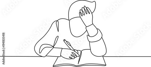 A person is sitting at a table, writing with a pen in a notebook. Vector