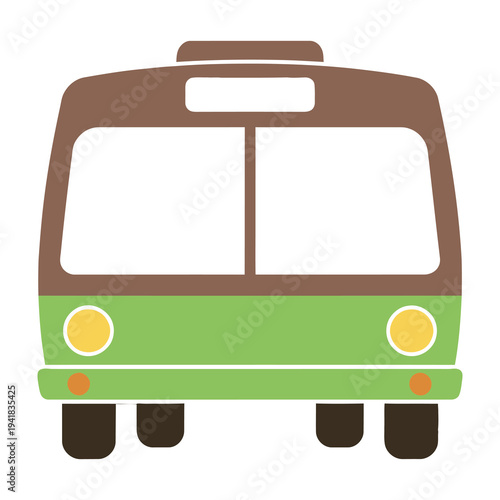 Front view of a green and brown city bus with headlights and wheels