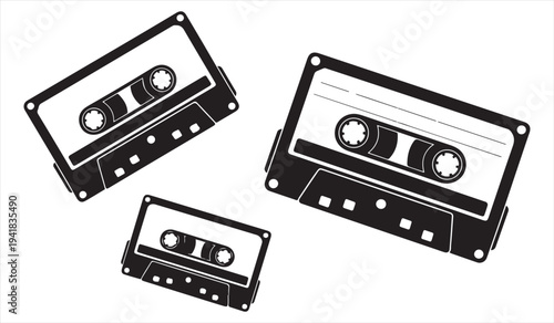 Retro audio cassette tape silhouettes vintage analog music recording icons