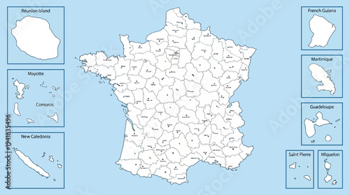 Detailed Outline Map of France and Overseas Territories with Administrative Departments and Region Insets