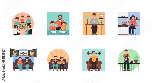 Set of Diverse People Engaging in Various Activities at Home Vector Illustration.