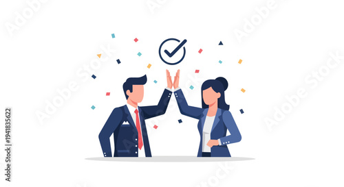 Successful business team celebrating a completed task with a high-five under a checkmark icon.