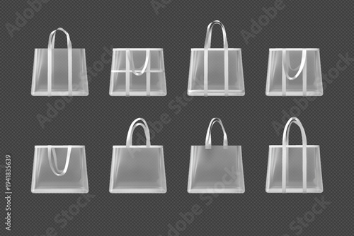 Transparent tote bags with hanging handles, white shopping pouch with straps, clear plastic handbag mockup vector set