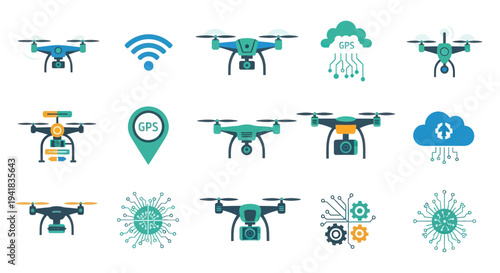 Modern drone technology icon set with quadcopters Wi-Fi GPS and cloud symbols for aerial services.