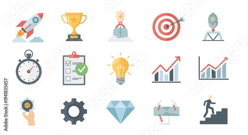 Business and Success Icons: Rocket Trophy Target Lightbulb and Growth Charts.