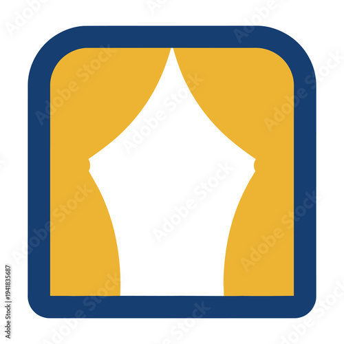 Abstract white pen nib shape behind yellow curtains inside blue square frame